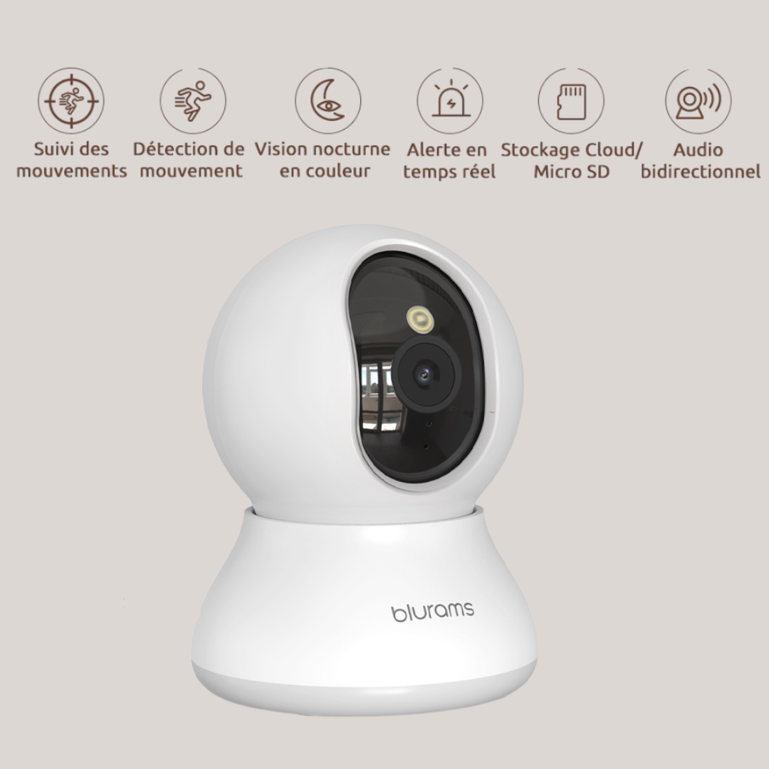 Caméra Blurams Intérieure WiFi 2K – Surveillance 360°, Audio Bidirectionne
