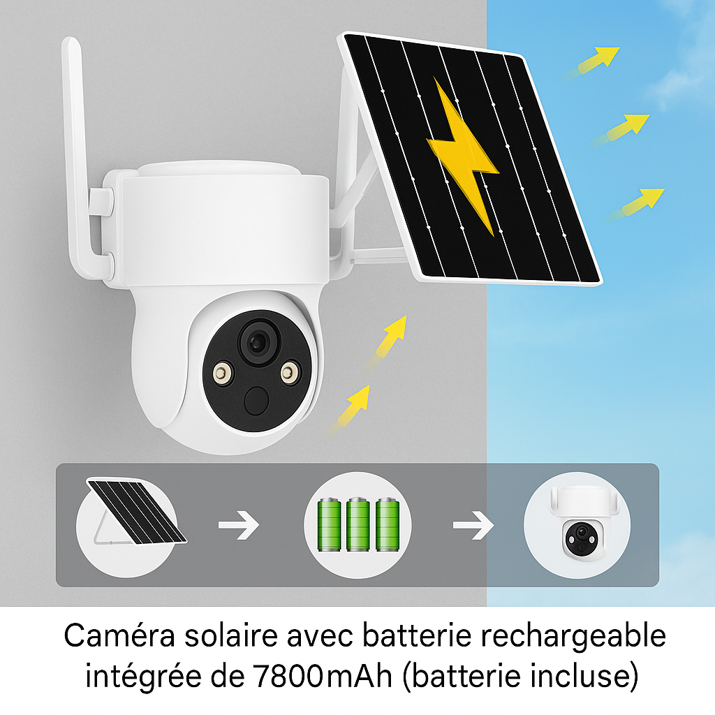 Caméra de surveillance extérieure solaire 4MP avec panneau solaire, batterie rechargeable intégré