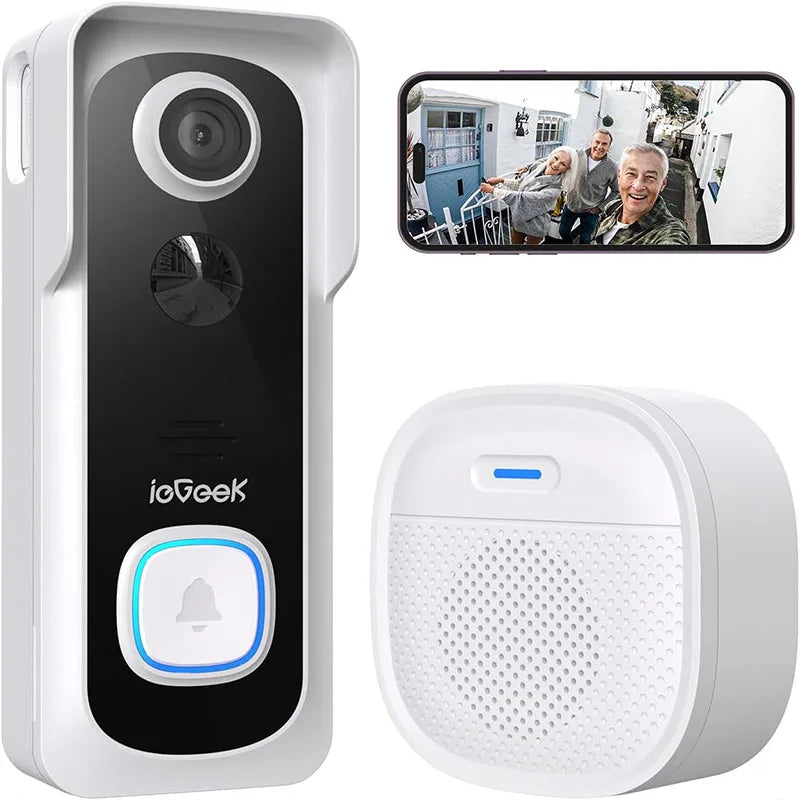 Sonnette vidéo 2K HD ieGeek avec caméra et carillon intégrés, image de démonstration avec visiteur