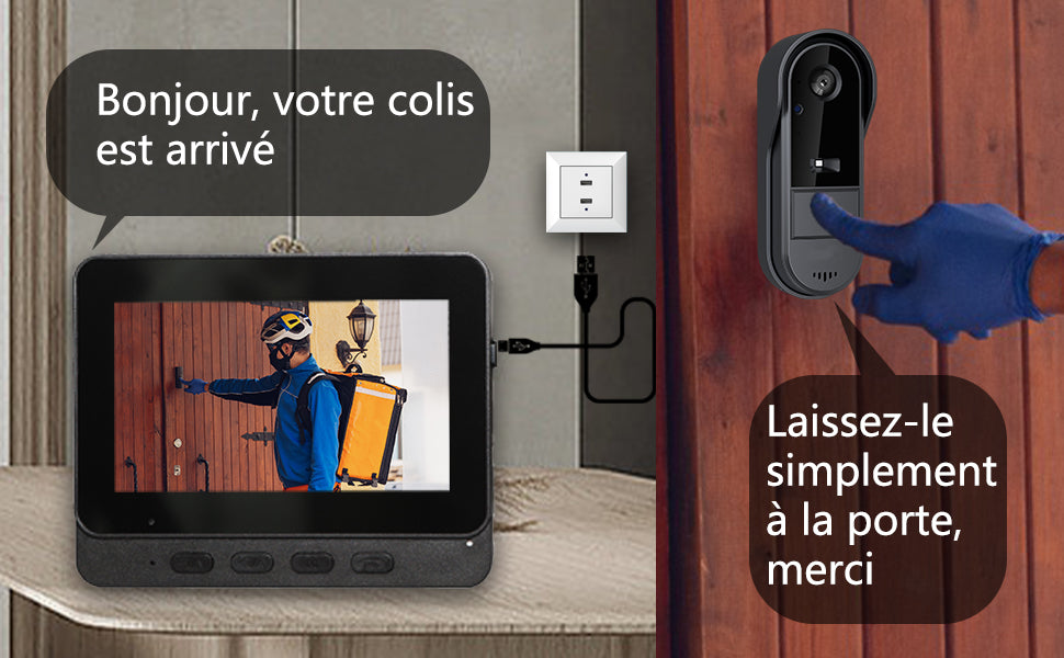 Sonnette vidéo sans fil avec écran 4.3 pouces,