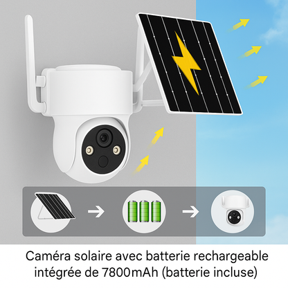 Caméra de surveillance extérieure solaire 4MP avec panneau solaire, batterie rechargeable intégré