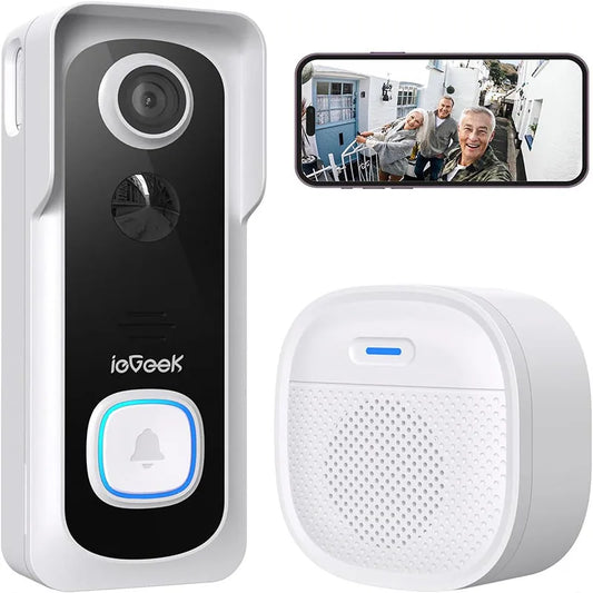 Sonnette vidéo 2K HD ieGeek avec caméra et carillon intégrés, image de démonstration avec visiteur

