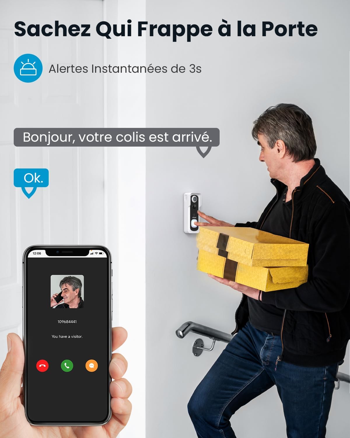 Sonnette vidéo 2K HD ieGeek avec caméra et carillon intégrés. sachez qui frappe a la porte
