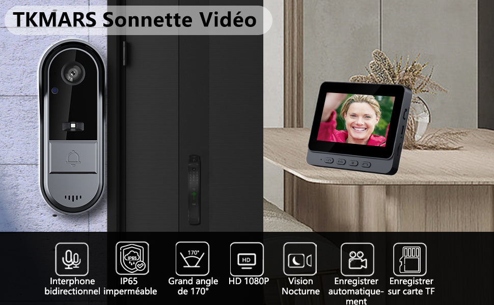 Sonnette vidéo sans fil avec écran 4.3 pouces, interphone bidirectionnel