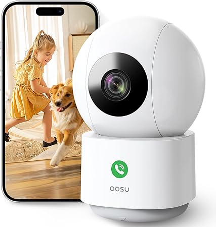 Caméra intérieure WiFi 3MP AOSU avec vision nocturne, audio bidirectionnel et compatibilité Alexa

